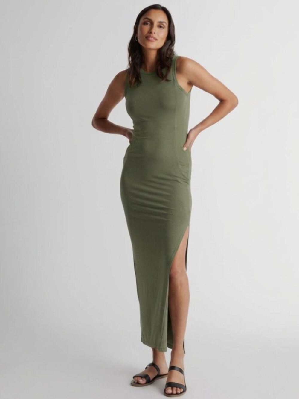 NWT Quince Tencel Jersey Tank Maxi Dress Sage Green Slit Bodycon Soft Stretch M